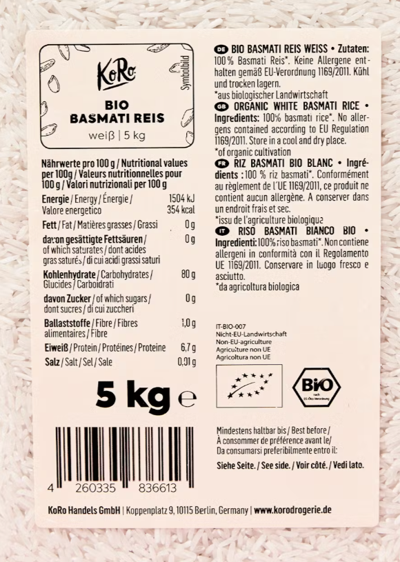 Weisser Bio Basmati Reis 5Kg